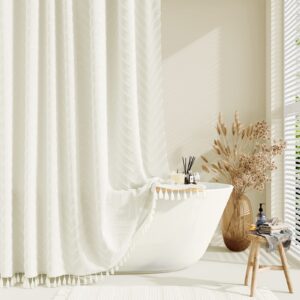 dynamene boho farmhouse shower curtain, cream fabric tufted chevron striped textured tassel shower curtains for bathroom, water repellent, minimalist ruffled cloth shower curtain set with hook, 72x72