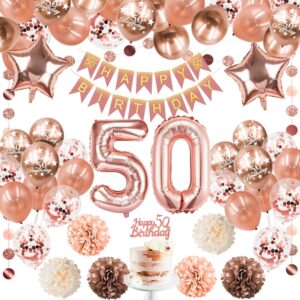 50th Birthday Decorations for Women, Rose Gold Party Supplies Balloon Garland Arch Kit with Happy Birthday Banner Tassels Confetti Balloon Number 50 Birthday Wedding Anniversary for Her