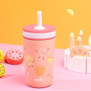 Zak Designs Kelso Tumbler Toddler Cup For Travel or At Home, 12oz Vacuum Insulated Stainless Steel Sippy Cup With Leak-Proof Design is Perfect For Kids (Happy Fruit)