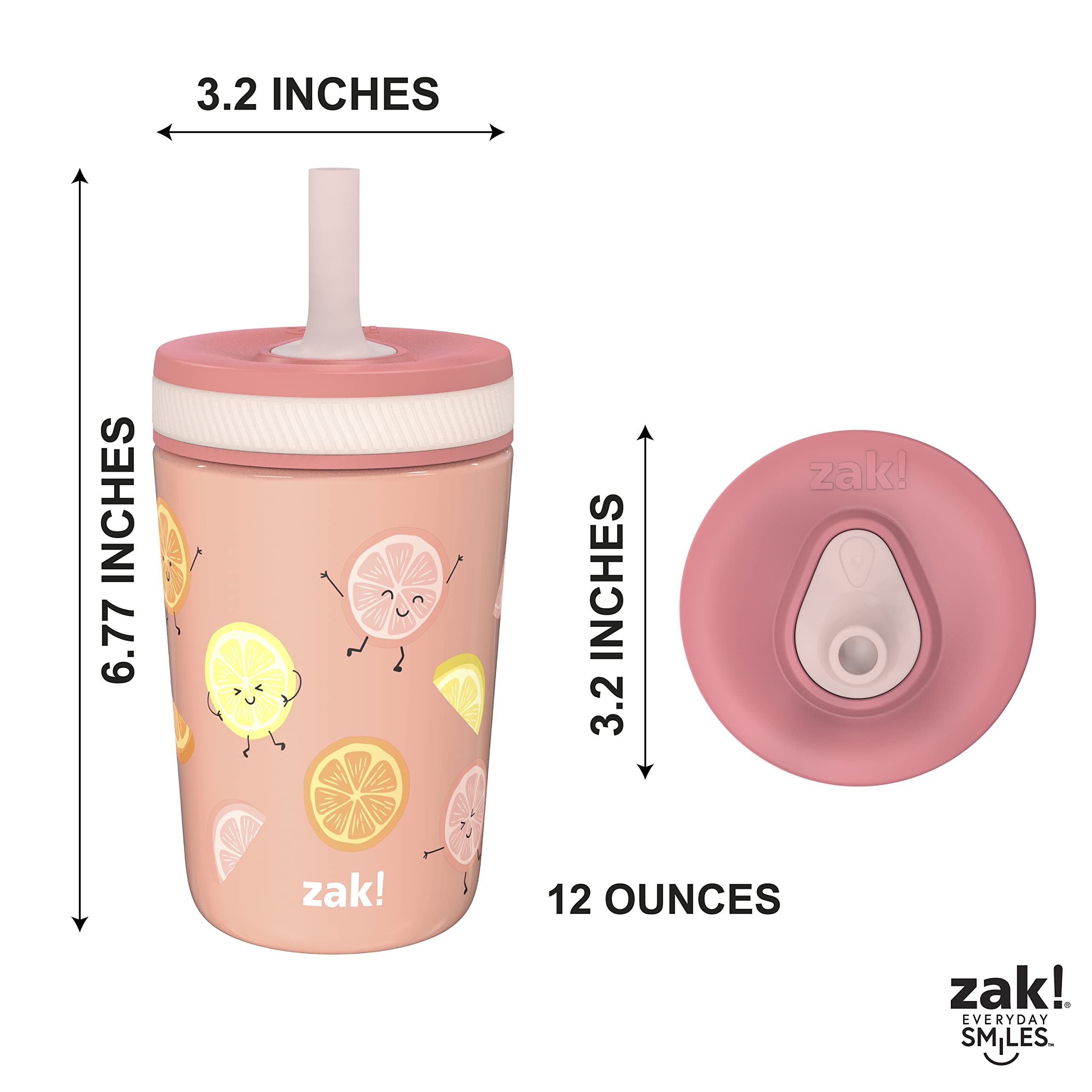 Zak Designs Kelso Tumbler Toddler Cup For Travel or At Home, 12oz Vacuum Insulated Stainless Steel Sippy Cup With Leak-Proof Design is Perfect For Kids (Happy Fruit)