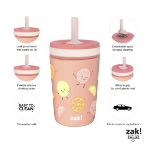 Zak Designs Kelso Tumbler Toddler Cup For Travel or At Home, 12oz Vacuum Insulated Stainless Steel Sippy Cup With Leak-Proof Design is Perfect For Kids (Happy Fruit)