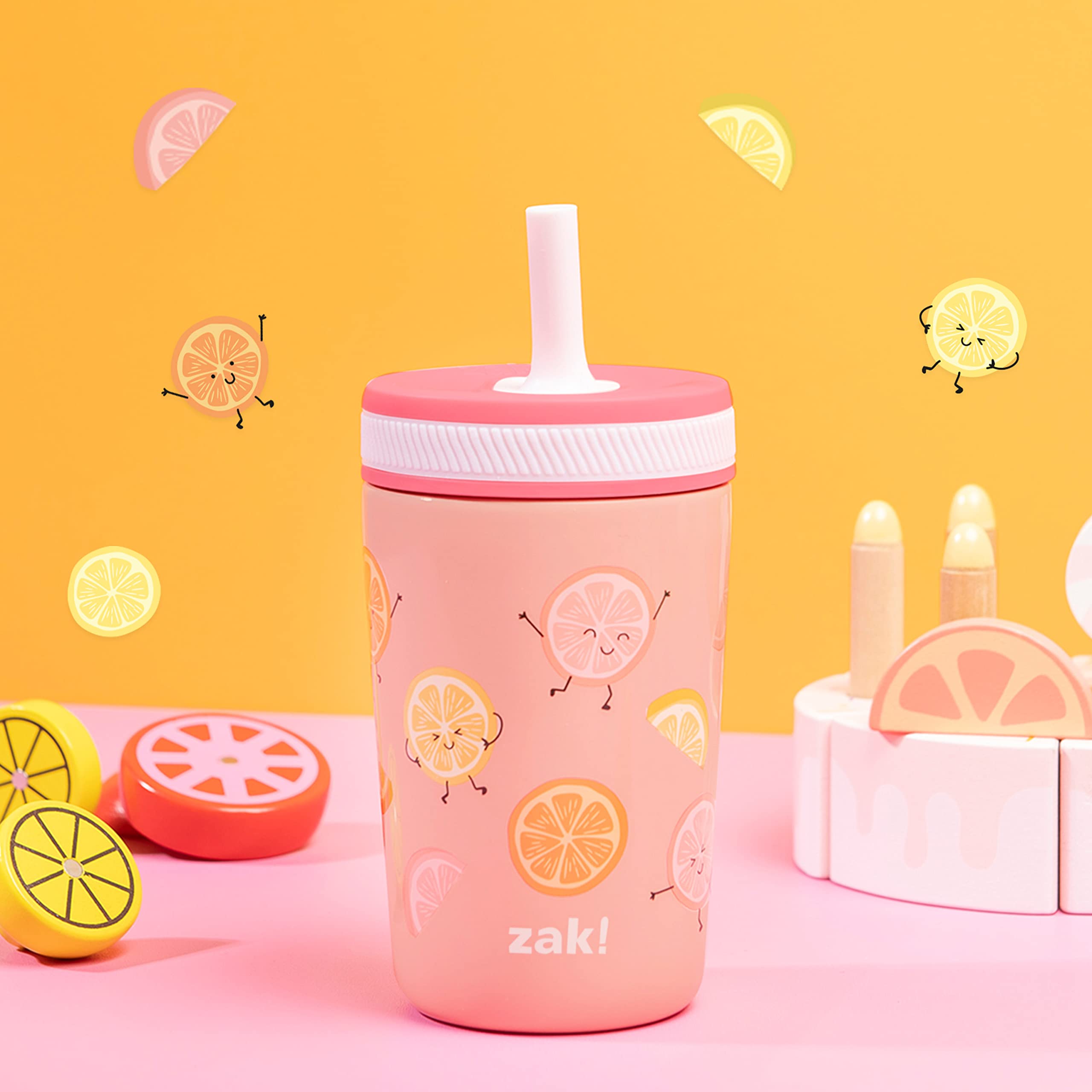 Zak Designs Kelso Tumbler Toddler Cup For Travel or At Home, 12oz Vacuum Insulated Stainless Steel Sippy Cup With Leak-Proof Design is Perfect For Kids (Happy Fruit)