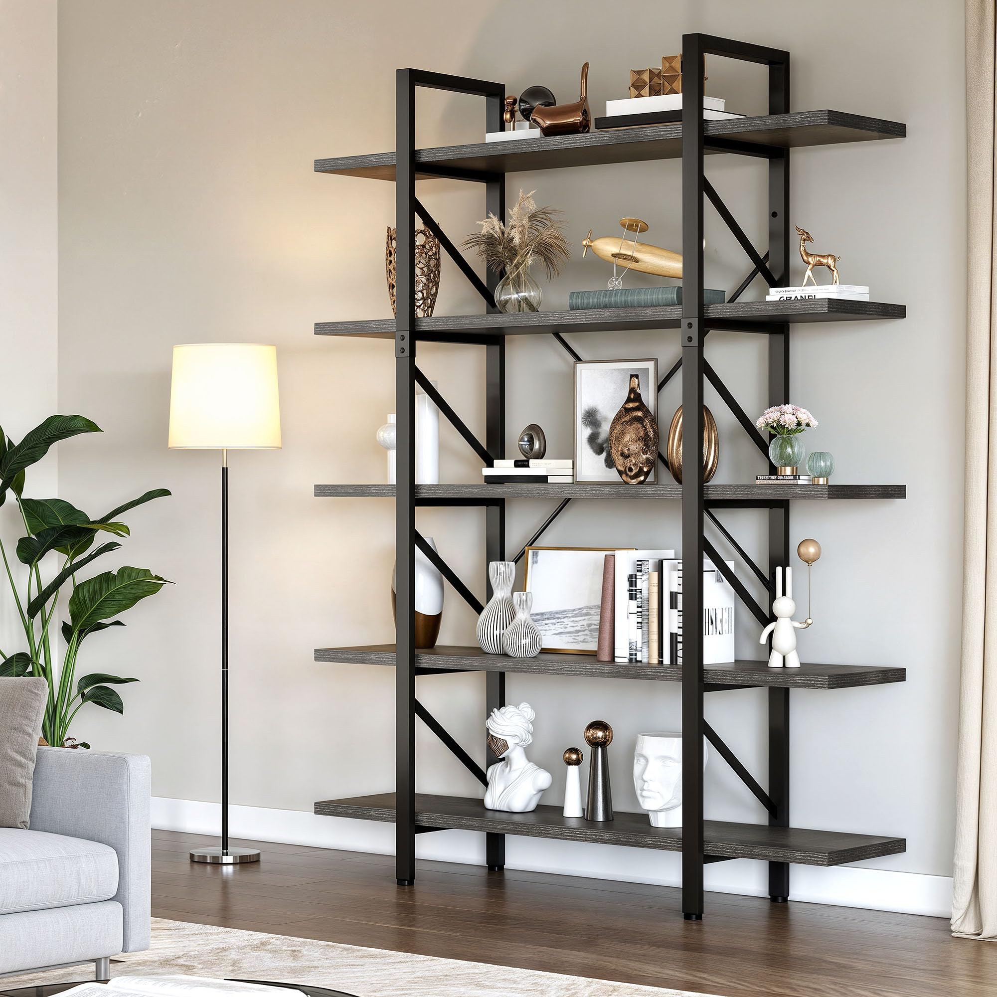 YITAHOME Book Shelf，5 Tier Bookcase, 12" D x 47" W x 71" H Large Industrial Shelf Storage Organizer for Living Room, Bedroom,Home Office, Free Standing Storage Shelving Unit, Charcoal Gray + Black