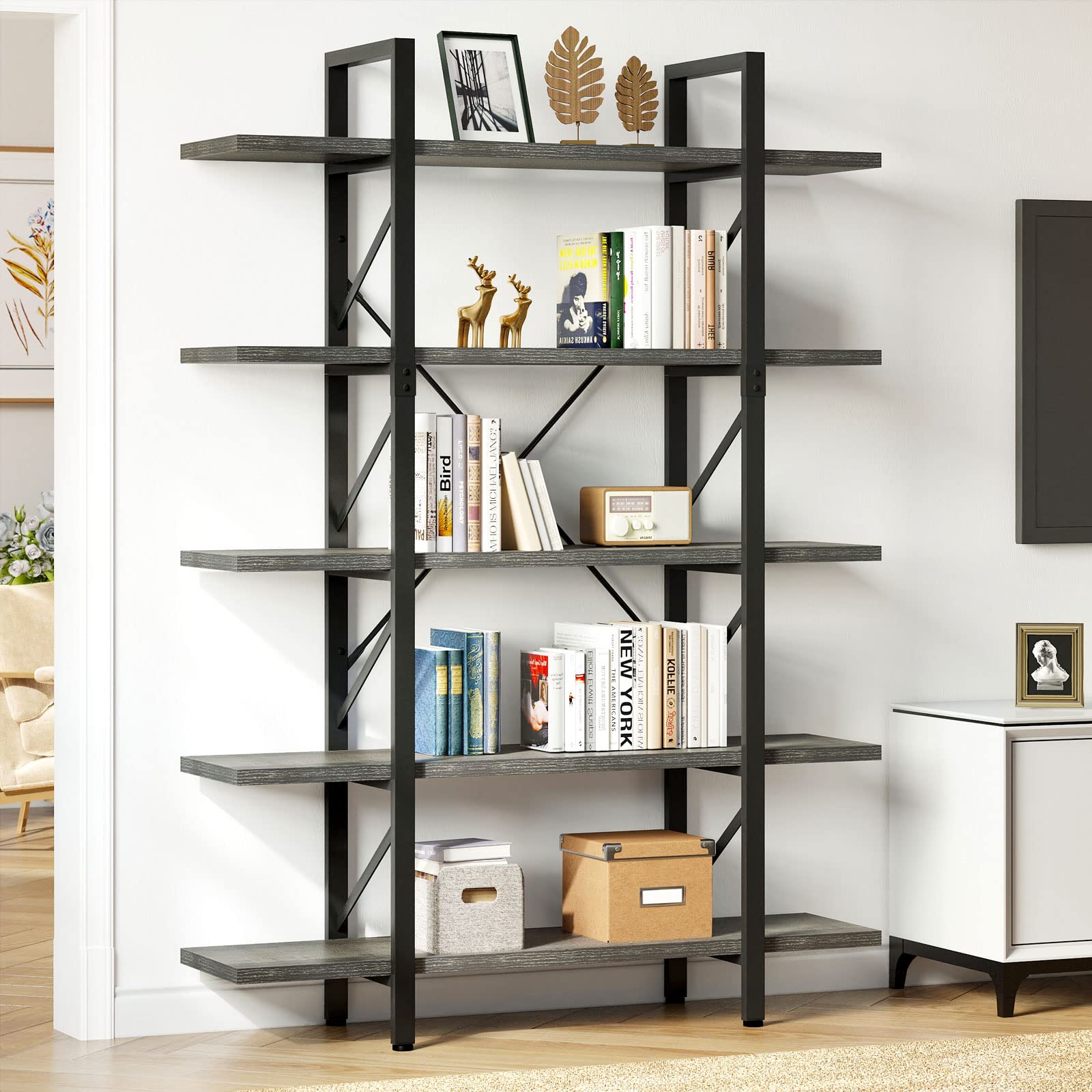 YITAHOME Book Shelf，5 Tier Bookcase, 12" D x 47" W x 71" H Large Industrial Shelf Storage Organizer for Living Room, Bedroom,Home Office, Free Standing Storage Shelving Unit, Charcoal Gray + Black