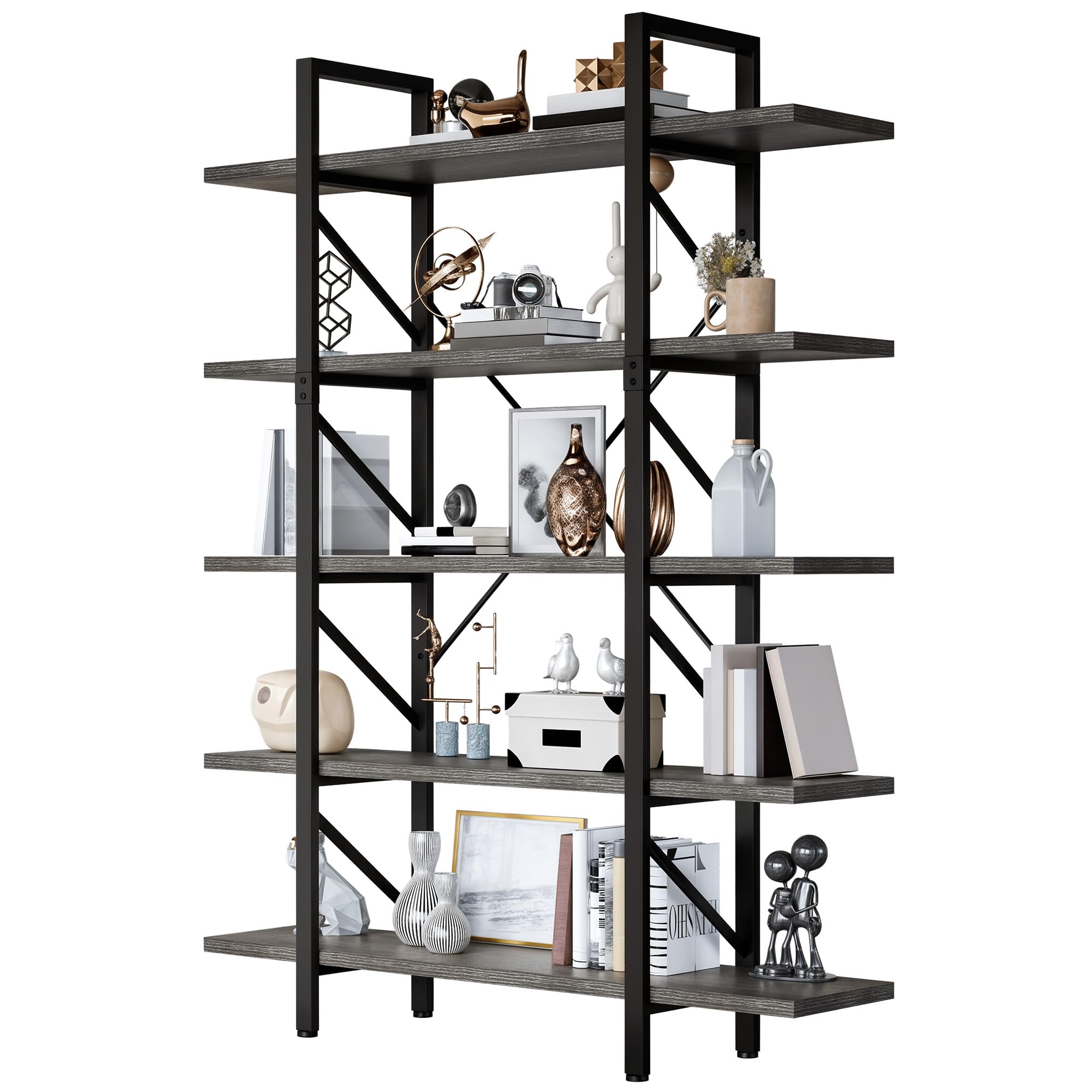 YITAHOME Book Shelf，5 Tier Bookcase, 12" D x 47" W x 71" H Large Industrial Shelf Storage Organizer for Living Room, Bedroom,Home Office, Free Standing Storage Shelving Unit, Charcoal Gray + Black