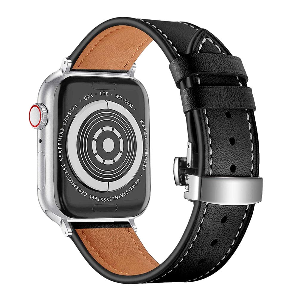 BOTOMALL Compatible with Apple Watch Band 49mm 45mm 44mm 42mm Series Ultra 8 7 SE 6 5 4 3 2 1,Premium Soft Top Leather with 316L Stainless Steel Butterfly Buckle Replacement Straps for iwatch