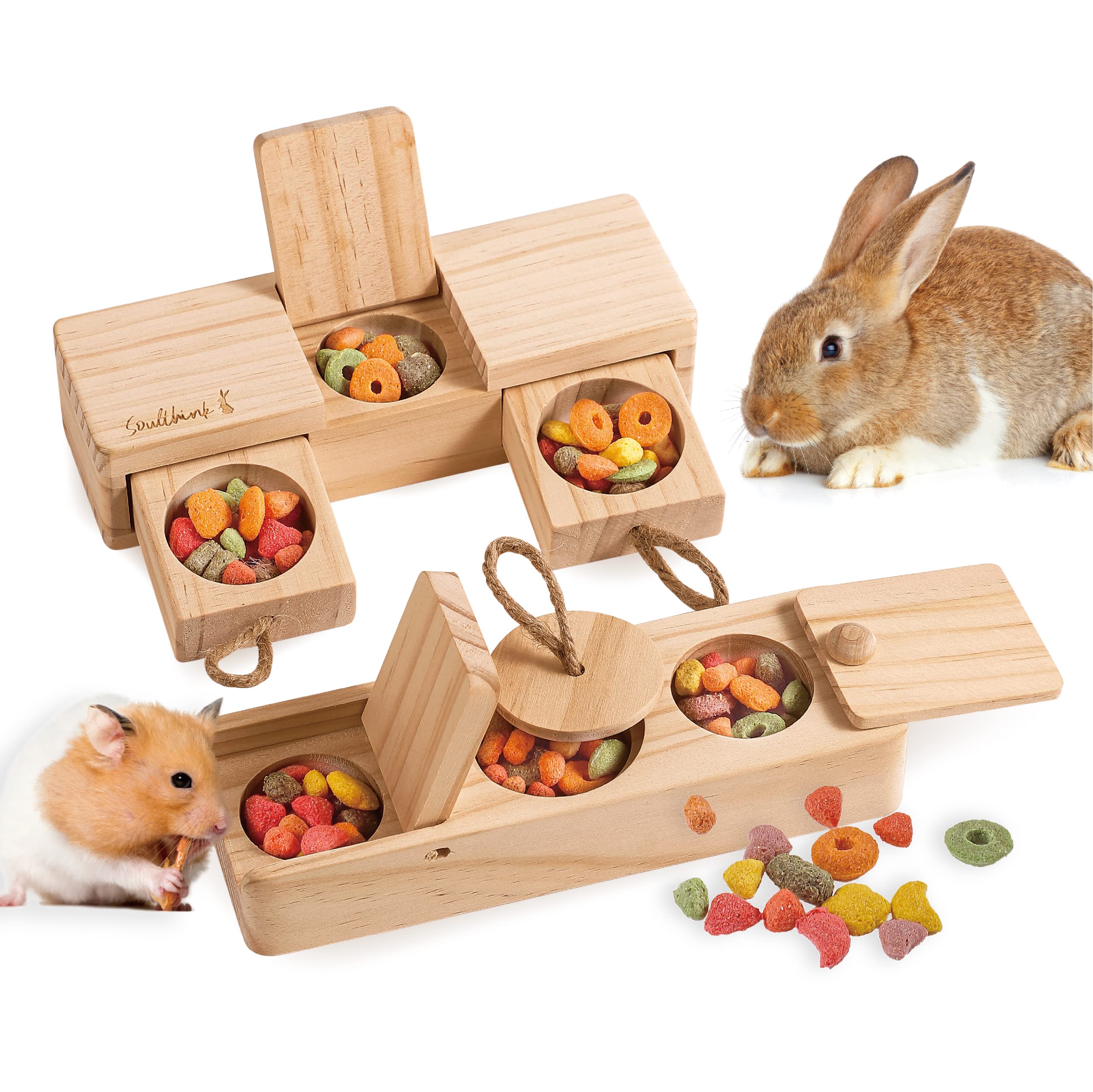 SoulThink Interactive Wooden Rabbit Toys - Sniff n' Snack Rabbit Treats Bunny Toys, Enrichment Rabbit Toy for Boredom, Better Than Snuffle Mat for Small Animals, Hamsters, Guinea Pig (2 Sets)