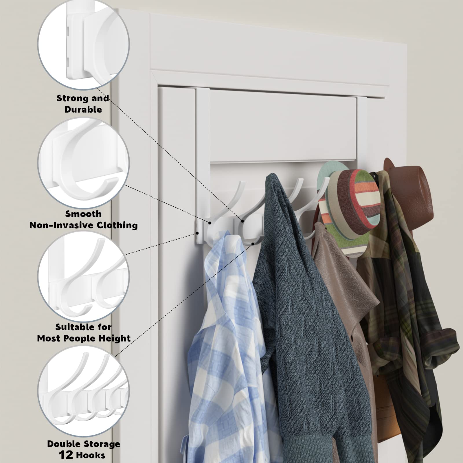 Peasulin Over The Door Hooks, Sturdy Door Hanger, Large Over The Door Towel Rack with 12 Hooks, Heavy Duty Easy to Install, for Bathroom, Bedroom，Kitchen，Hanging Towels, Coats (White).