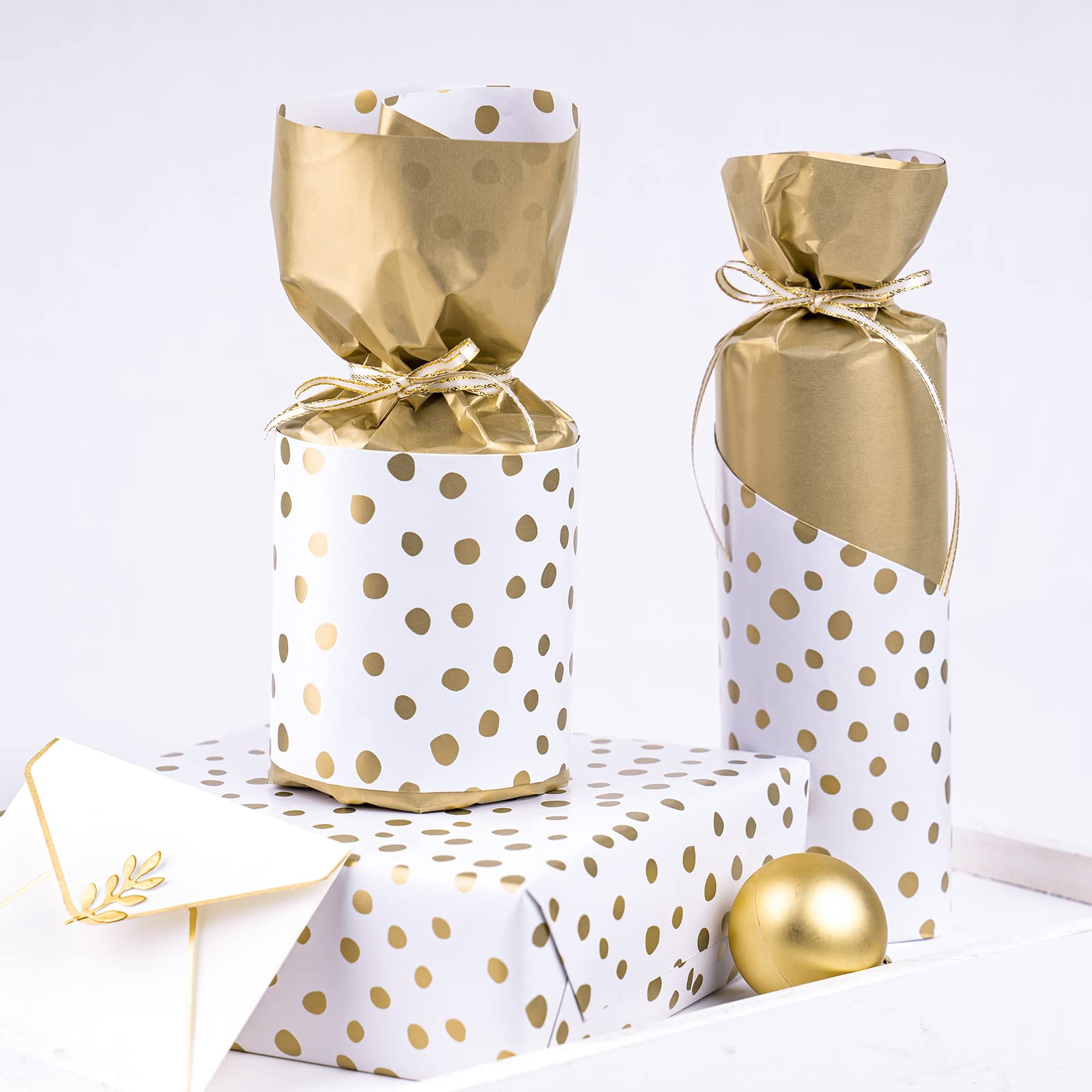 WRAPAHOLIC Reversible Wrapping Paper - Mini Roll - 17 Inch X 33 Feet - Gold Print and Delicate Polka Dots Design for Birthday, Holiday, Wedding, Baby Shower