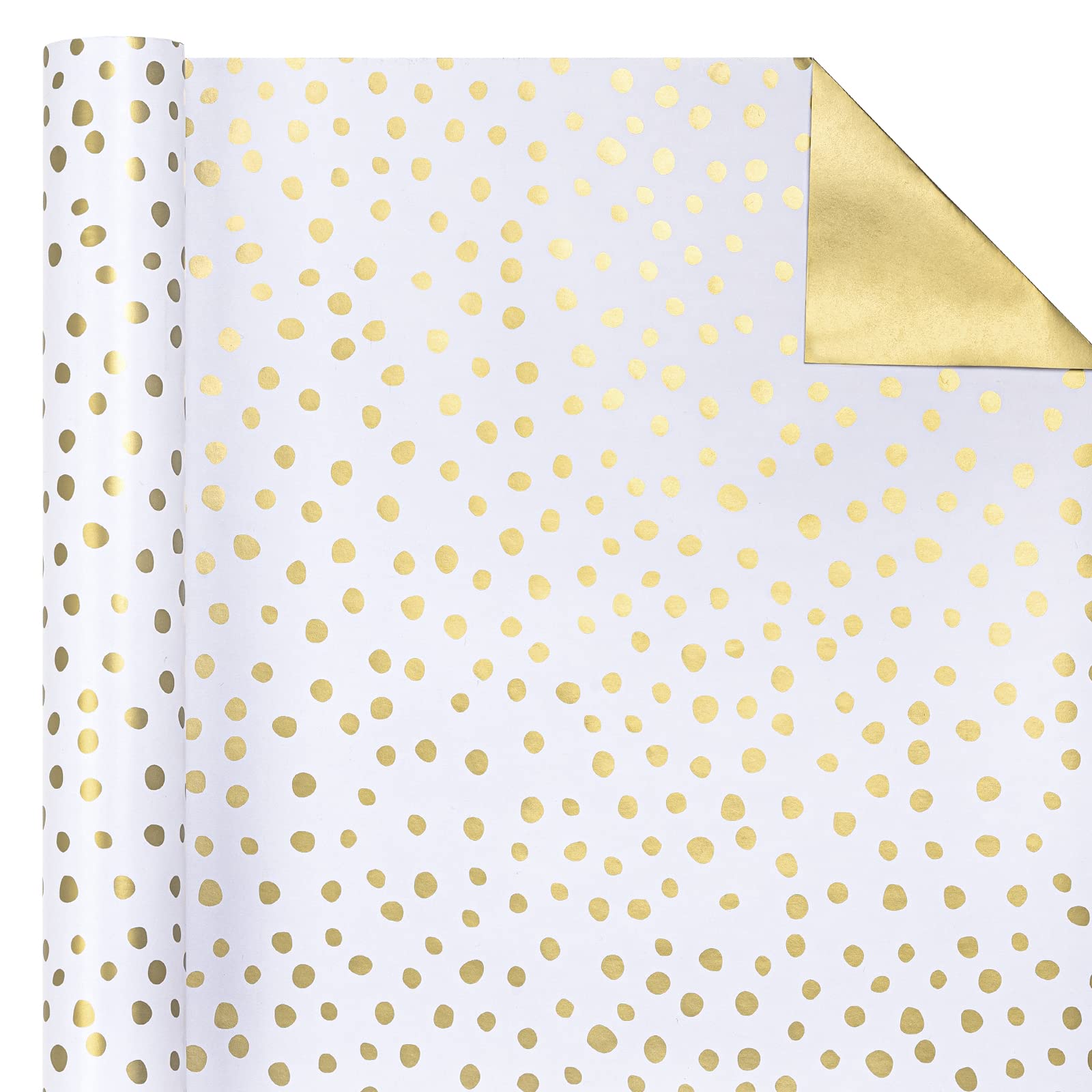 WRAPAHOLIC Reversible Wrapping Paper - Mini Roll - 17 Inch X 33 Feet - Gold Print and Delicate Polka Dots Design for Birthday, Holiday, Wedding, Baby Shower