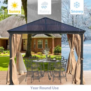 COWVIE 10 x 10 FT Polycarbonate Roof Gazebo, Aluminum Frame Gazebo with Mosquito Netting and Curtains,Suitable for Patio, Backyard, Deck, Lawns