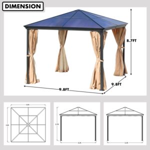 COWVIE 10 x 10 FT Polycarbonate Roof Gazebo, Aluminum Frame Gazebo with Mosquito Netting and Curtains,Suitable for Patio, Backyard, Deck, Lawns