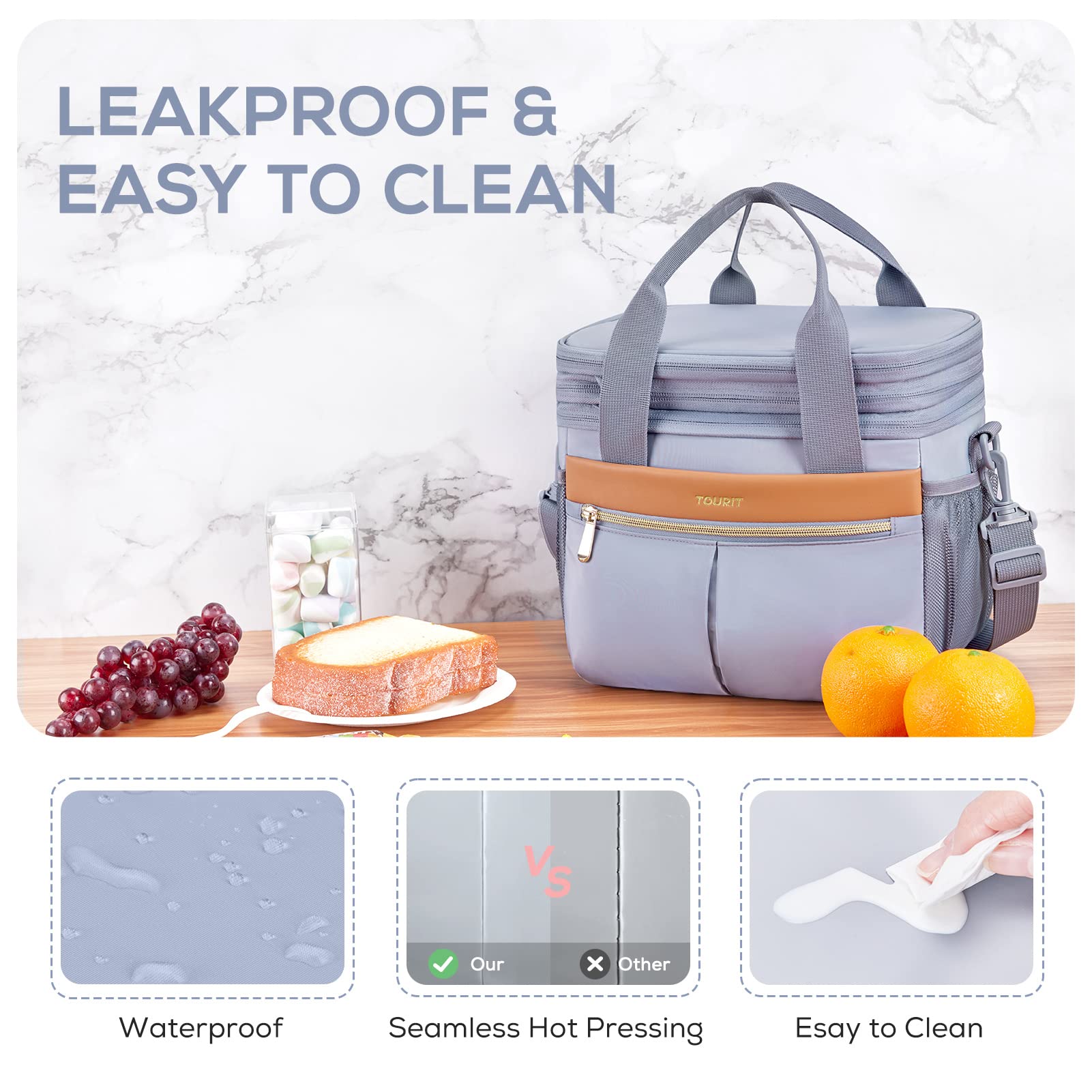 TOURIT Lunch Box for Women Men Double Deck Insulated Lunch Bag Women Expandable Leakproof Reusable Lunch Cooler Bag for Work, Office, Picnic, Grey