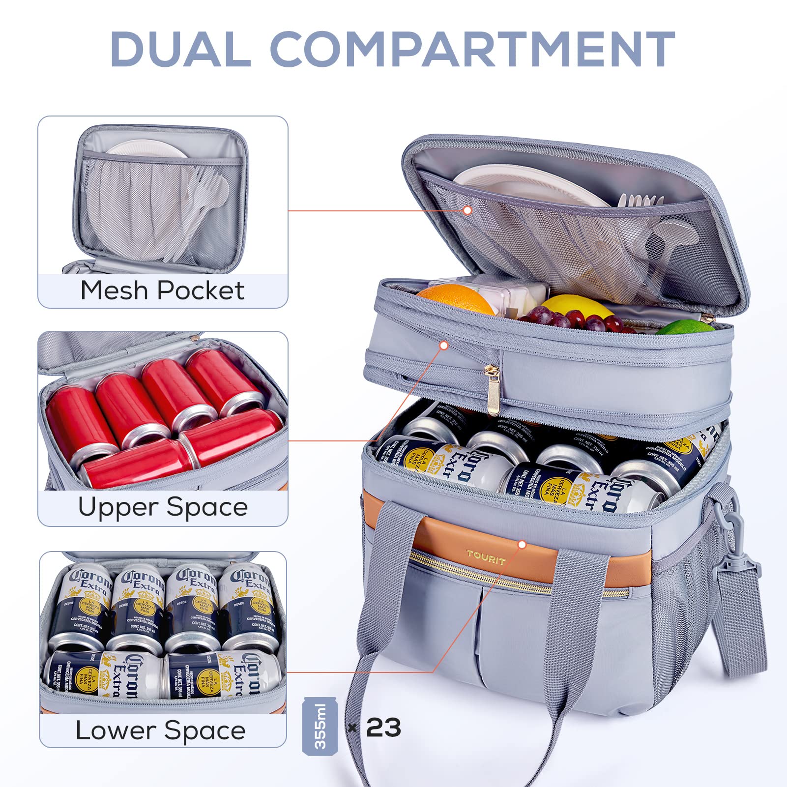 TOURIT Lunch Box for Women Men Double Deck Insulated Lunch Bag Women Expandable Leakproof Reusable Lunch Cooler Bag for Work, Office, Picnic, Grey