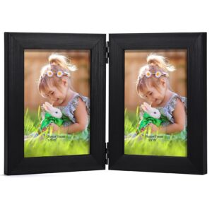 lyeasw double hinged 3.5x5 picture frame, classic two opening 3.5 by 5 photo frame with glass, black folding frame for tabletop or desk standing