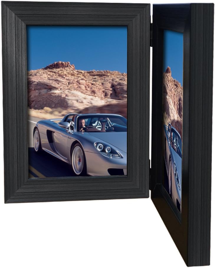 Lyeasw Double Hinged 3.5x5 Picture Frame, Classic Two Opening 3.5 by 5 Photo Frame with Glass, Black Folding Frame for Tabletop or Desk Standing