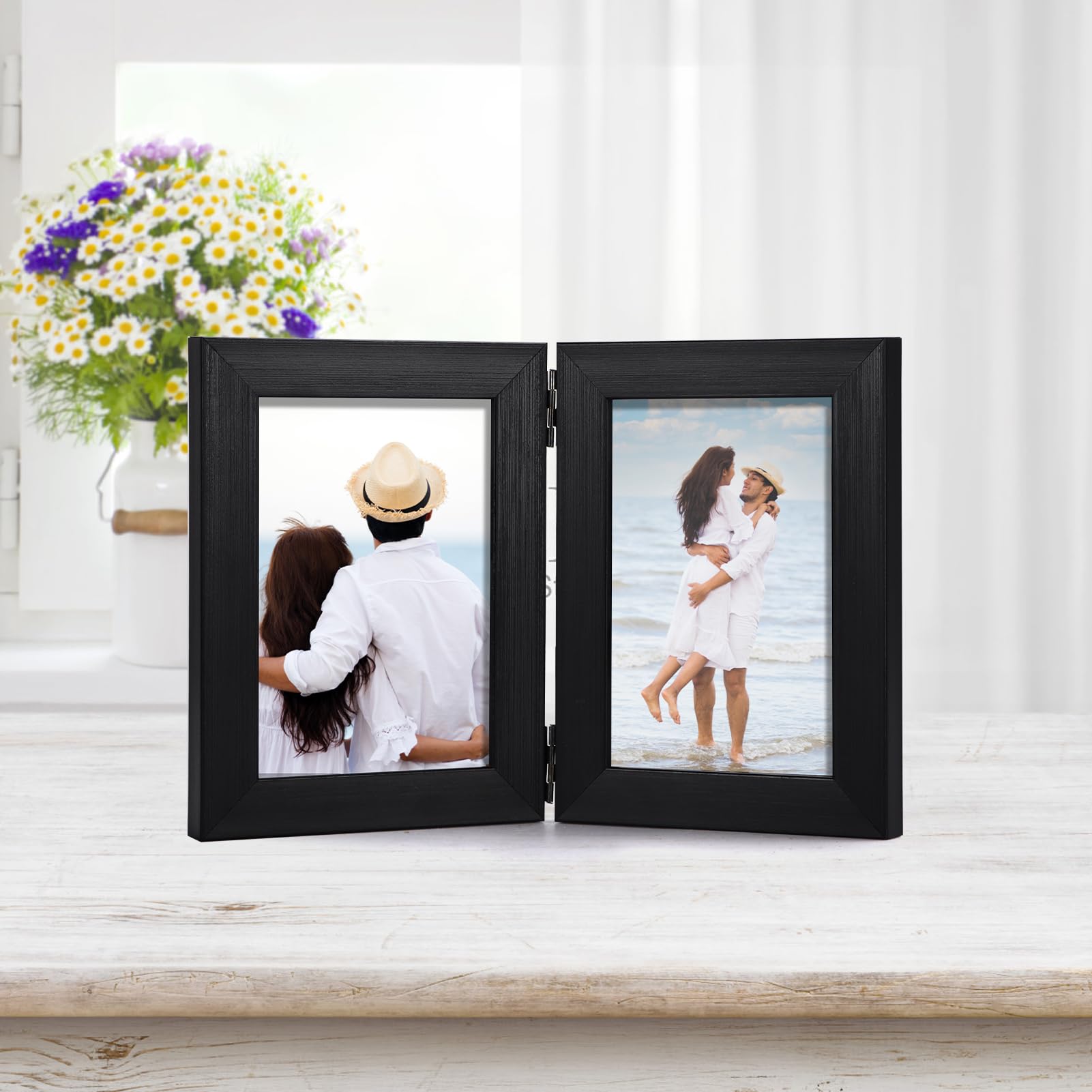 Lyeasw Double Hinged 3.5x5 Picture Frame, Classic Two Opening 3.5 by 5 Photo Frame with Glass, Black Folding Frame for Tabletop or Desk Standing