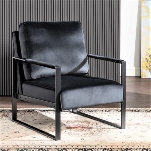 container furniture direct classic mid century modern accent chair with durable square metal frame, armchair for living room, bedroom, home office in plush velvet upholstery, black