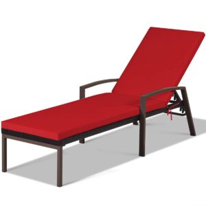 RELAX4LIFE Outdoor Chaise Lounge Chair - 5-Position Adjustable Rattan Pool Chair w/Cushion, Recliner Chair, Metal Frame, Reclining Wicker Lounger for Balcony, Beach, Patio Lounge Chair (Red)