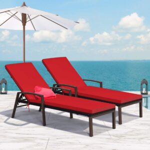 RELAX4LIFE Outdoor Chaise Lounge Chair - 5-Position Adjustable Rattan Pool Chair w/Cushion, Recliner Chair, Metal Frame, Reclining Wicker Lounger for Balcony, Beach, Patio Lounge Chair (Red)