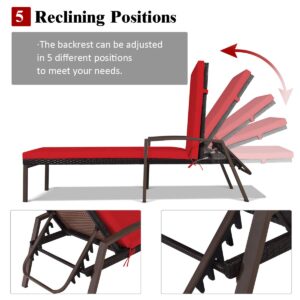 RELAX4LIFE Outdoor Chaise Lounge Chair - 5-Position Adjustable Rattan Pool Chair w/Cushion, Recliner Chair, Metal Frame, Reclining Wicker Lounger for Balcony, Beach, Patio Lounge Chair (Red)