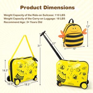 BABY JOY 2PC Kids Luggage Set, 4 in 1 Toddler 18” Ride-on & Carry-on Hardshell Suitcase with Wheels, Anti-Lose Rope, 12” Backpack Set, Lightweight Travel Rolling Trolley for Boys Girls (Cute Bee)