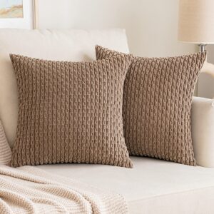 emema throw pillow covers soft corduroy decorative boho striped pillowcases square cushion case farmhouse home decor for couch sofa living room bed pack of 2, 18x18 inch brown