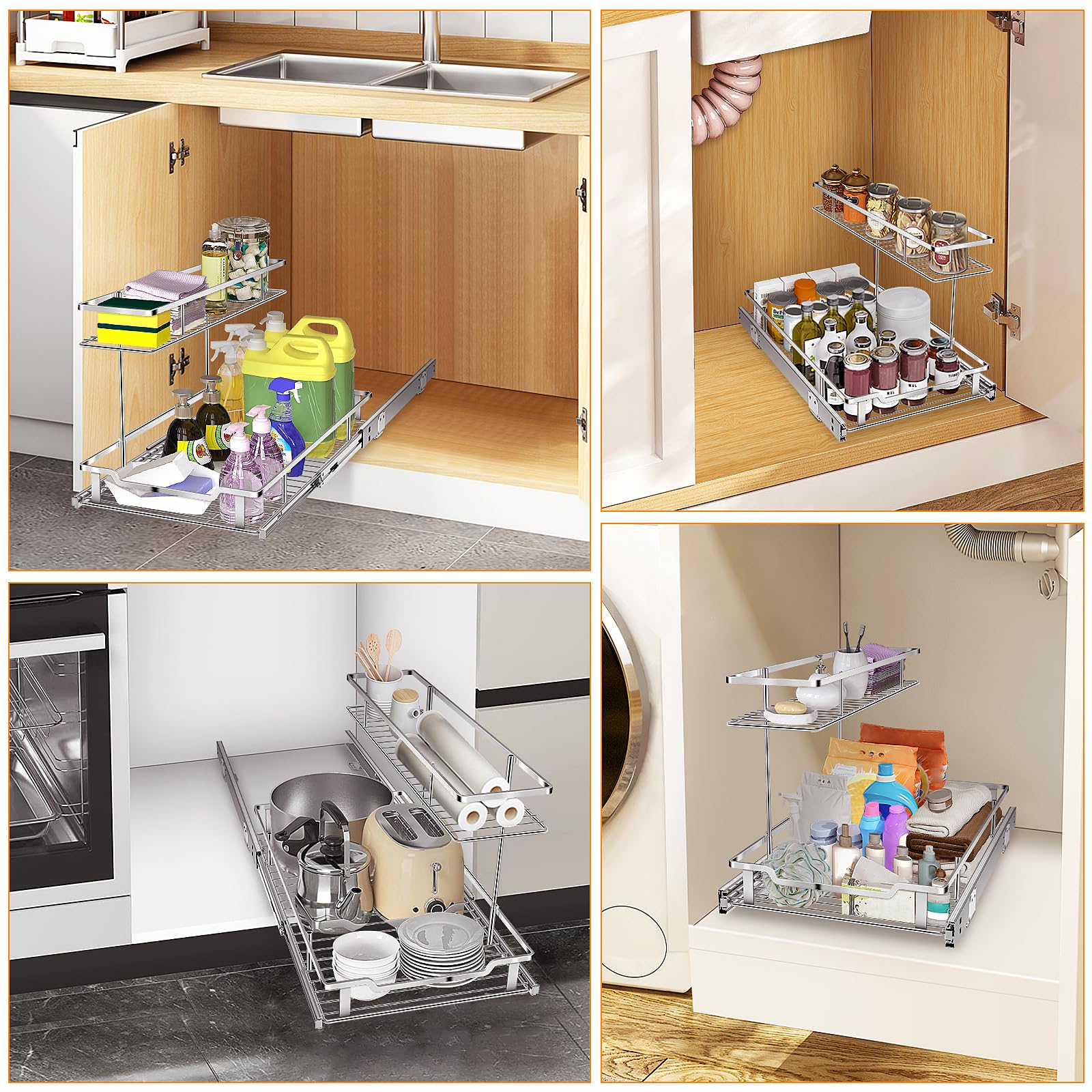 Tksrn Pull Out Cabinet Organizer, Under Sink Organizer Kitchen Slide Out Storage Shelf with 2 Tier Sliding Wire Drawer - 12.6W x 21D x 13H - Request at Least 13 inch Cabinet Opening