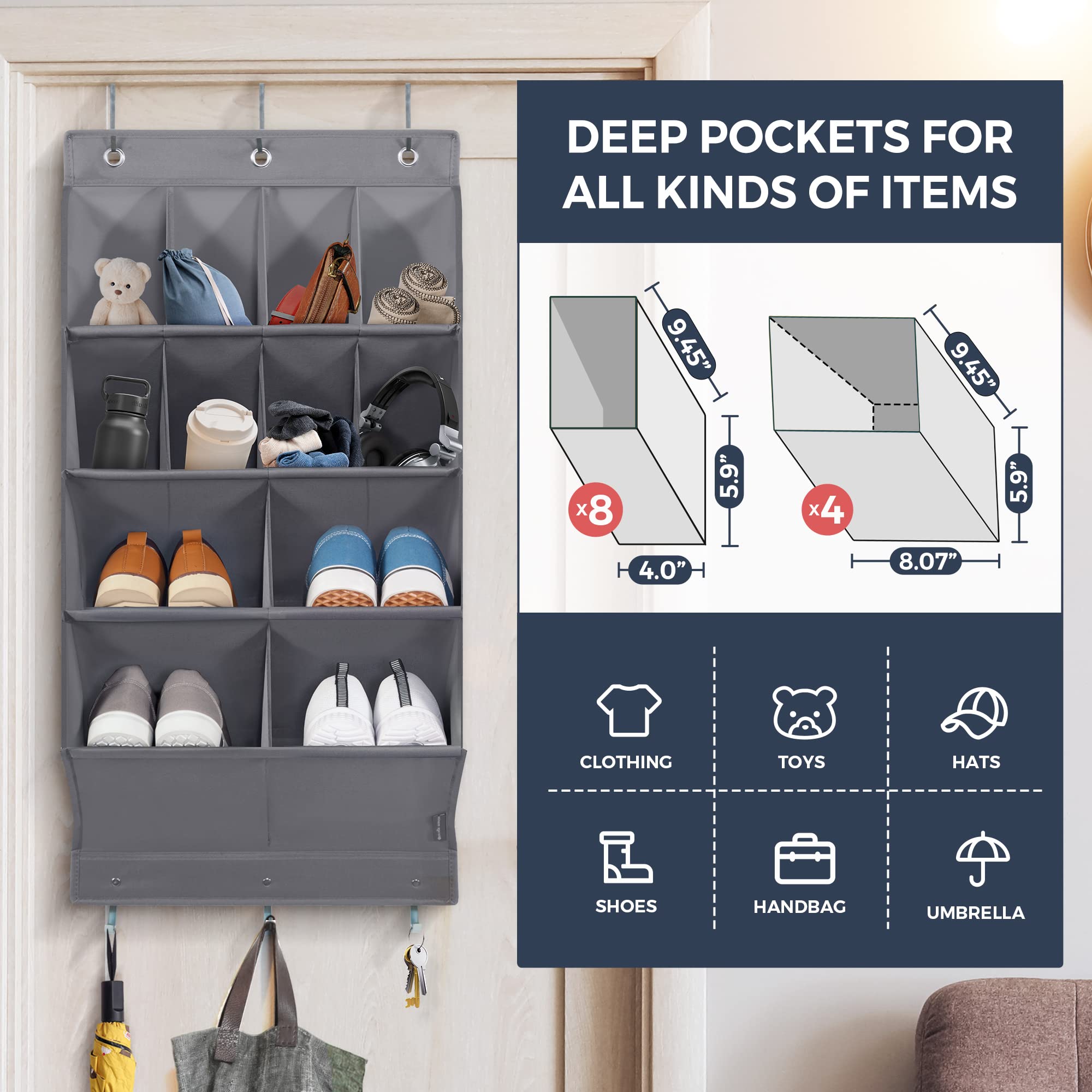 STO STO 2 Pack Over the Door Shoe Organizer, Hanging Shoe Organizer for Closet with 8 Large and 4 Extra Large Deep Pockets, Hanging Shoe Rack for Door Shoe Storage, Gray