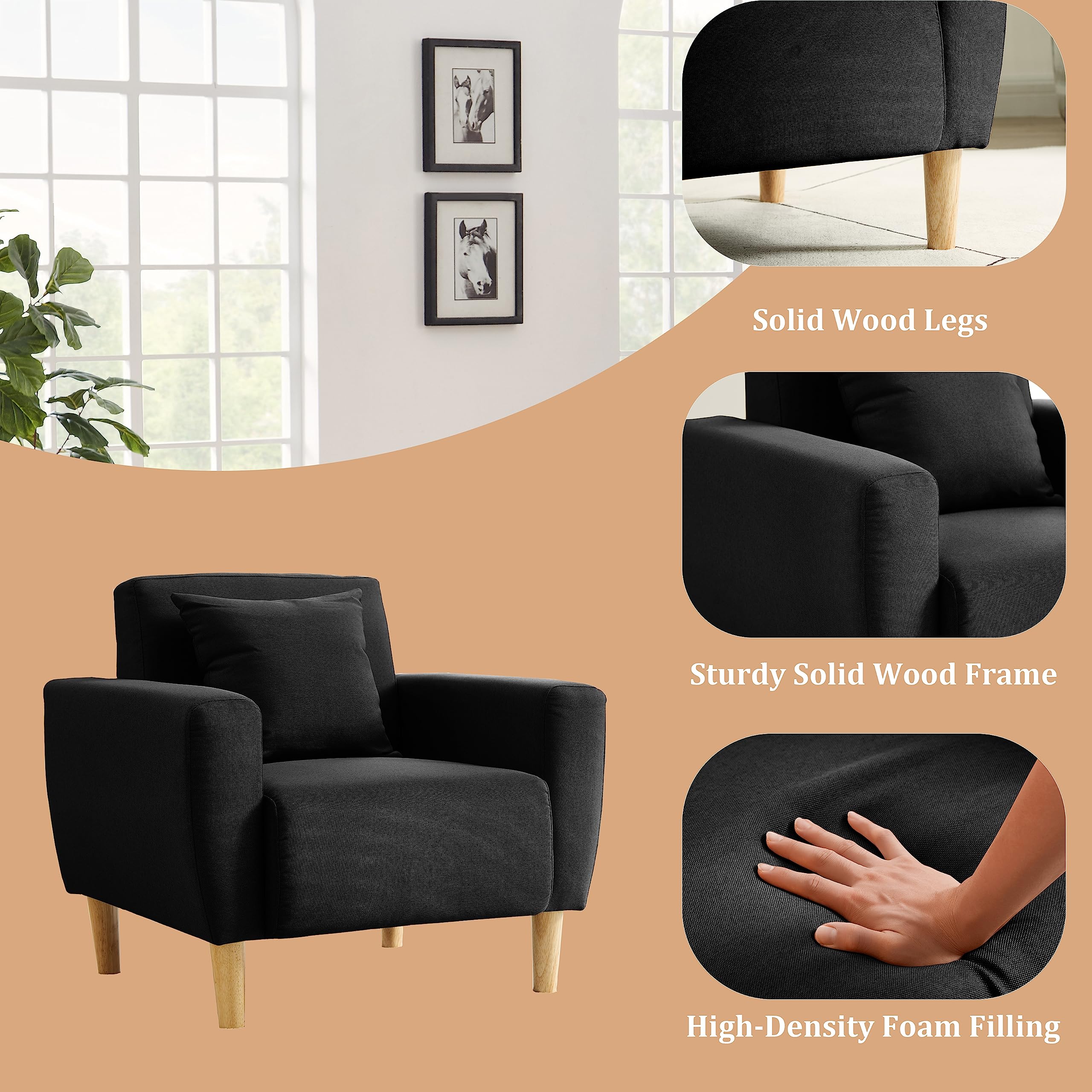 FREEHOMAE Polyester Accent Chair for Living Room Square Arm Chair with Toss Pillow Comfy Single Sofa Club Chair for Small Space, Cafes (Black)