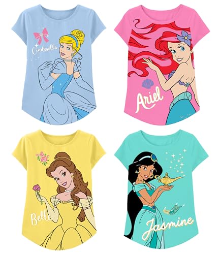 Disney Princess T-Shirts (4-Pack) Girls Short Sleeve Aurora, Cinderella, Snow White, Jasmine, Rapunzel, Ariel, Moana, Tiana 4T Lb/Pk/Y/T SS