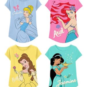 Disney Princess T-Shirts (4-Pack) Girls Short Sleeve Aurora, Cinderella, Snow White, Jasmine, Rapunzel, Ariel, Moana, Tiana 4T Lb/Pk/Y/T SS