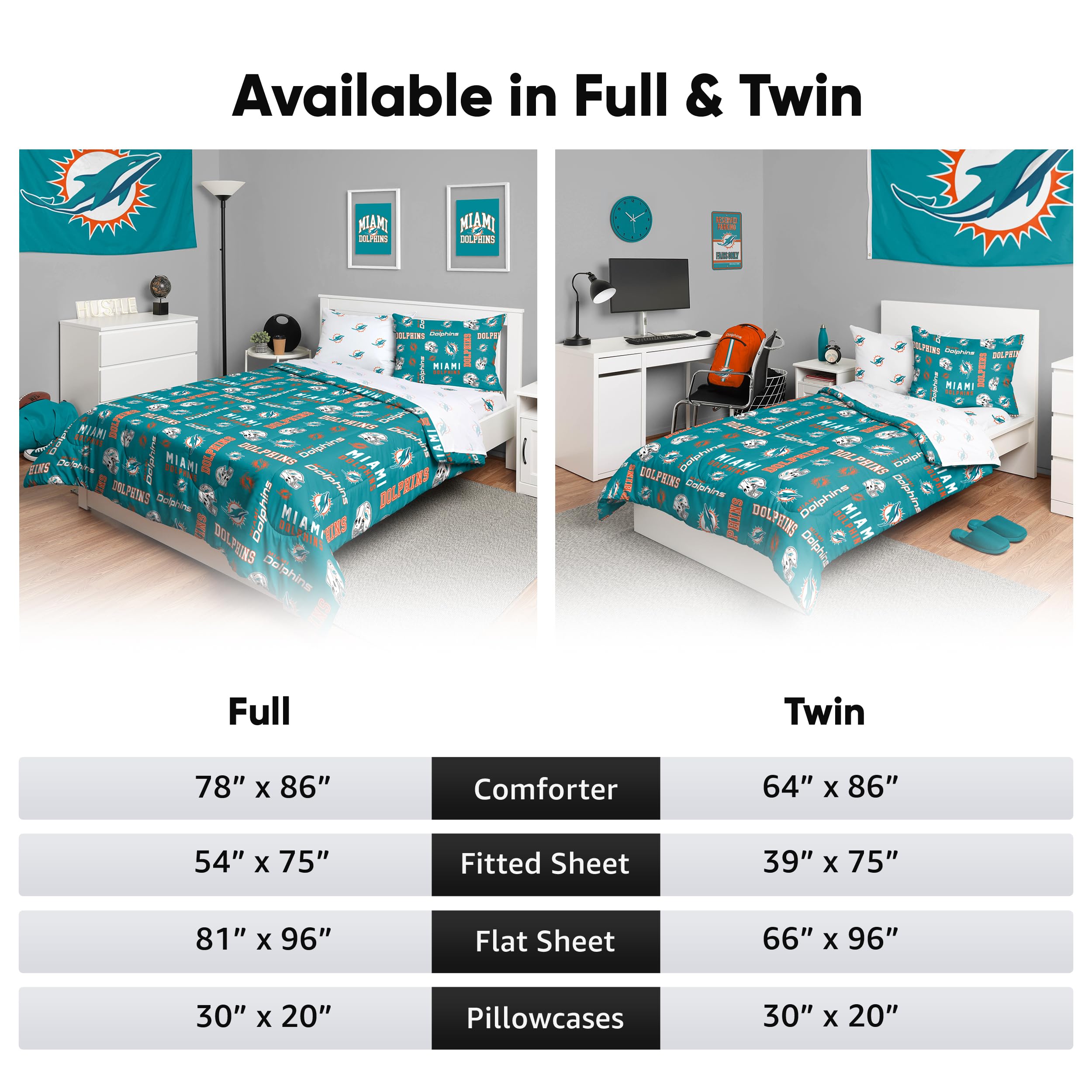 FOCO Miami Dolphins NFL Team Color Bed In a Bag Comforter Bedding 5 Piece Twin Set