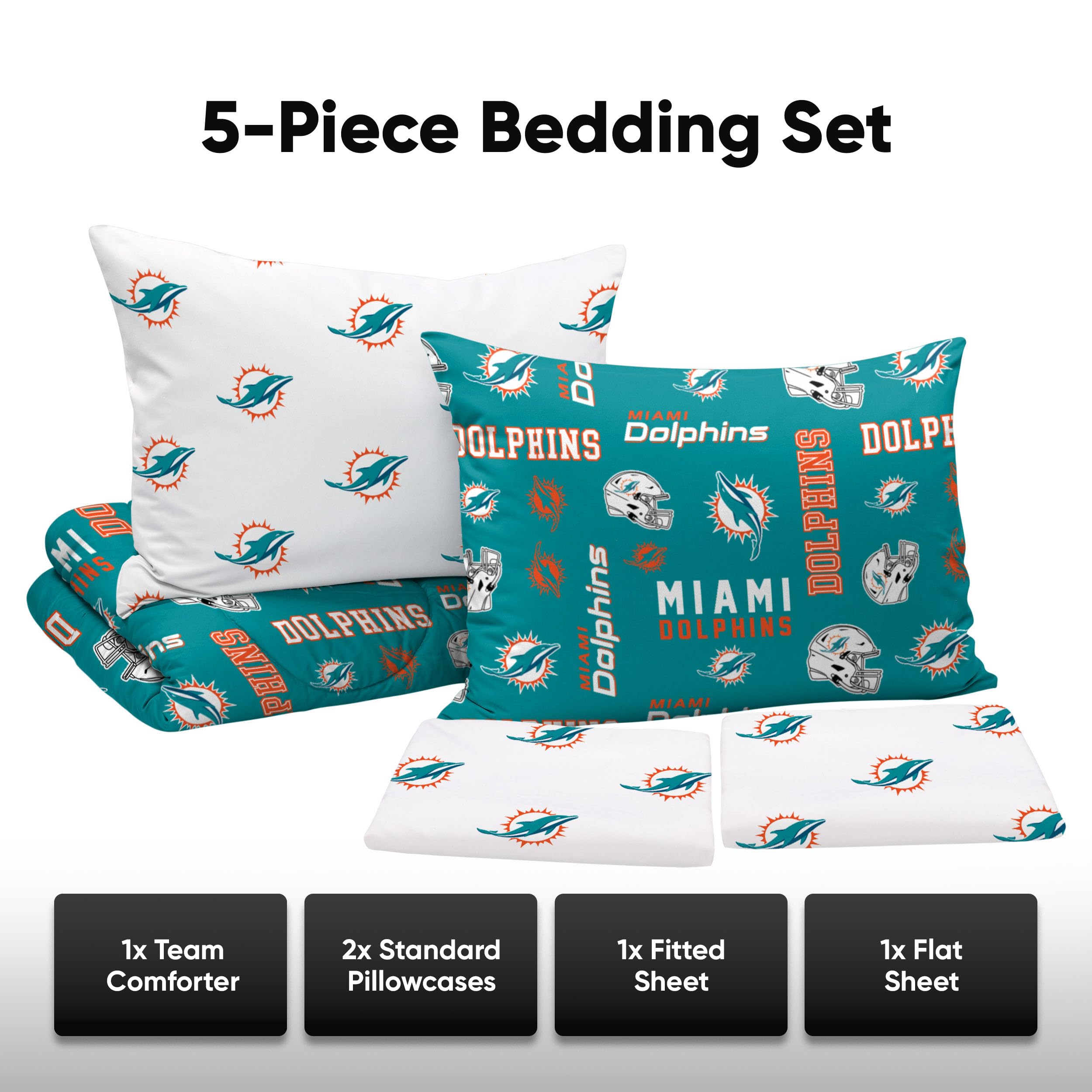 FOCO Miami Dolphins NFL Team Color Bed In a Bag Comforter Bedding 5 Piece Twin Set