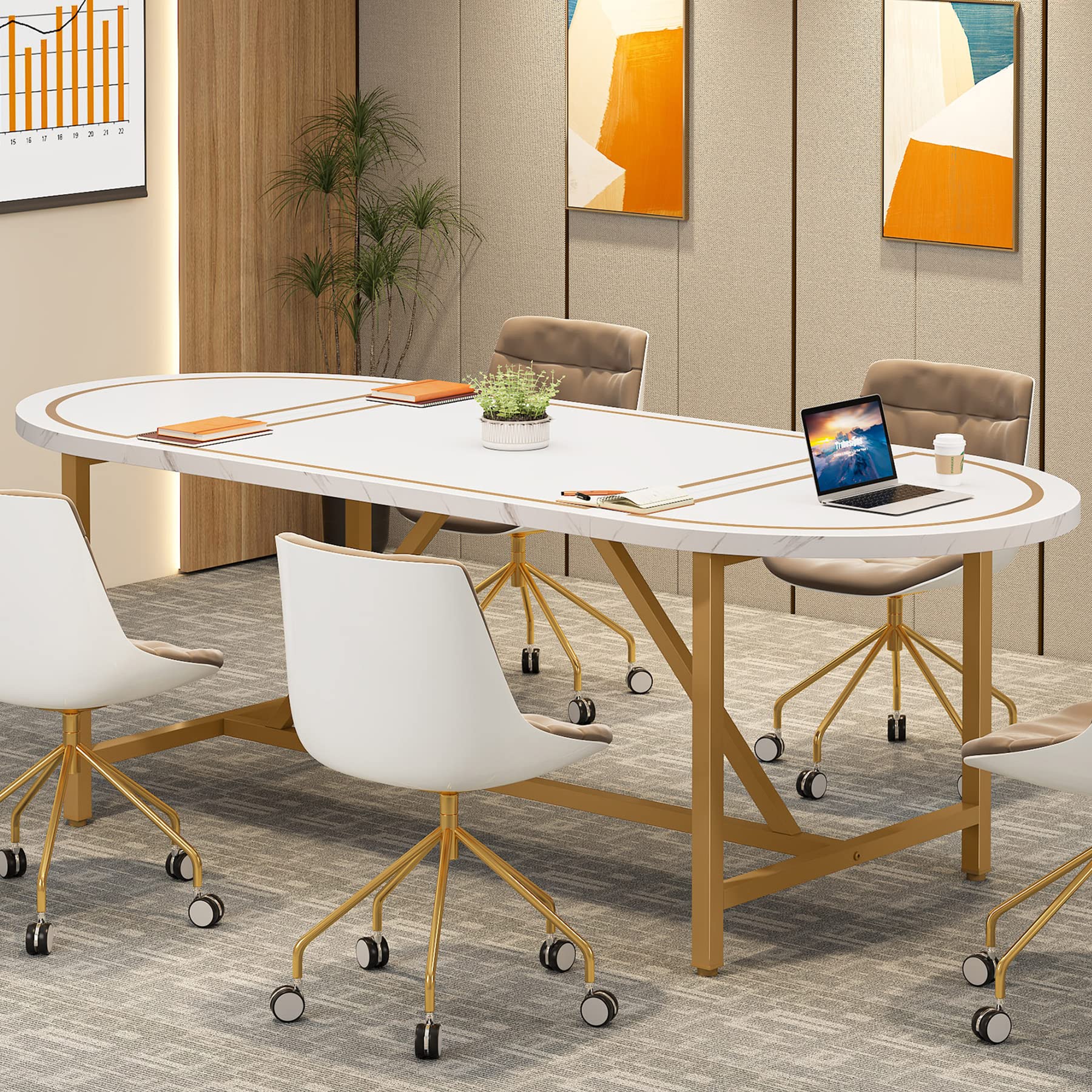 Tribesigns 6FT Conference Table, 70.8”W X 31.5”D Oval Shaped Meeting Room Table, Modern Gold White Seminar Table for Office Meeting Conference Room