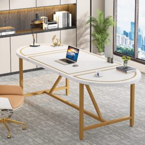 Tribesigns 6FT Conference Table, 70.8”W X 31.5”D Oval Shaped Meeting Room Table, Modern Gold White Seminar Table for Office Meeting Conference Room