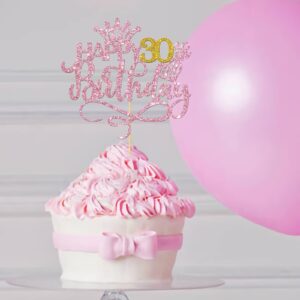 Happy 30th Birthday Cake Topper for Women, Pink & Gold Glitter 30th Birthday Cake Supplies, 30th Anniversary Party Cake Decorations