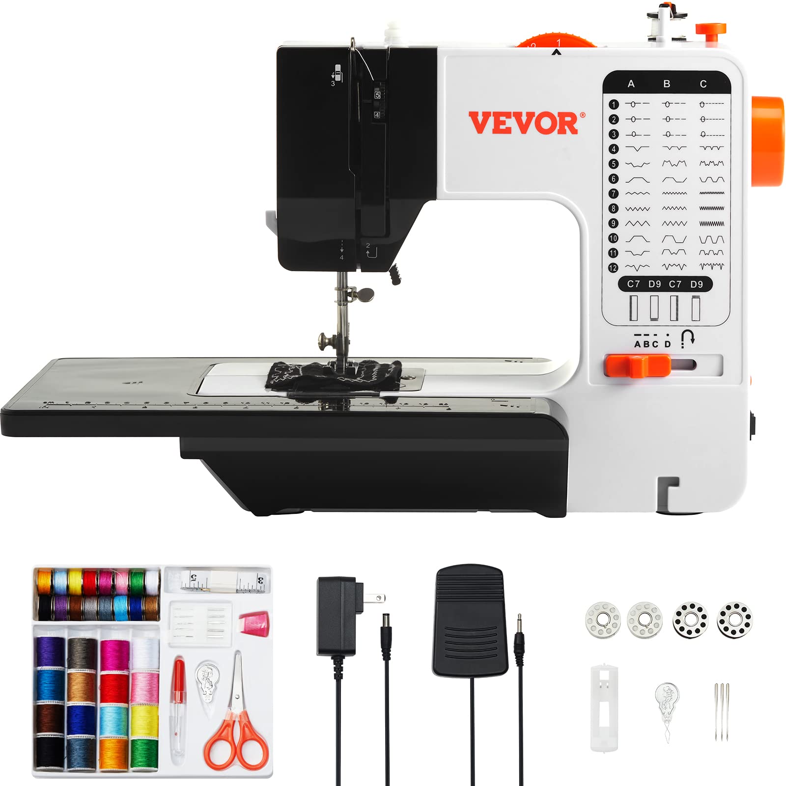 VEVOR Portable Sewing Machine for Beginners with 38 Built-in Stitches & Reverse Sewing, Dual Speed Sewing Machine with Extension Table Foot Pedal, Accessory Kit Family Home Travel