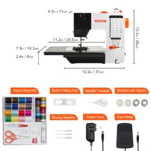 VEVOR Portable Sewing Machine for Beginners with 38 Built-in Stitches & Reverse Sewing, Dual Speed Sewing Machine with Extension Table Foot Pedal, Accessory Kit Family Home Travel