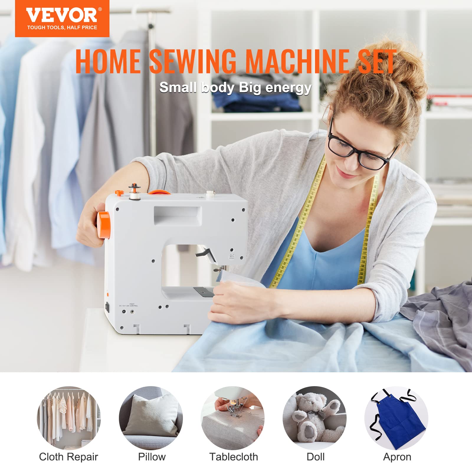 VEVOR Portable Sewing Machine for Beginners with 38 Built-in Stitches & Reverse Sewing, Dual Speed Sewing Machine with Extension Table Foot Pedal, Accessory Kit Family Home Travel