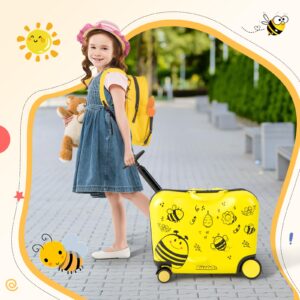 Goplus 2 PCS Kid Luggage, 18” Ride on Suitcase W/Spinner Wheels, 12” Backpack W/Anti-Lost Rope, Carry Strap, Sit on Rolling Carry on Luggage Set for Girls Boys Travel (Yellow Bee)