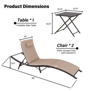 ASJMR Patio Chaise Lounge Set 3 Pieces Outdoor Lounge Chair with Rattan Adjustable Backrest and Folding Table for Beach Patio,Sand, for Poolside Backyard Porch