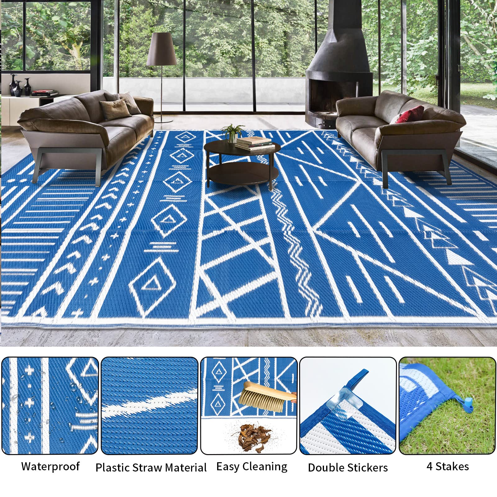 Reversible Outdoor Rugs 9'x18' Waterproof Carpet for Patio RV Camping Mat with 4 Corner Loops Stakes, Plastic Straw Rug Large Floor Mat for Deck Balcony Picnic Indoor Area Rug Outside Decor Clearance