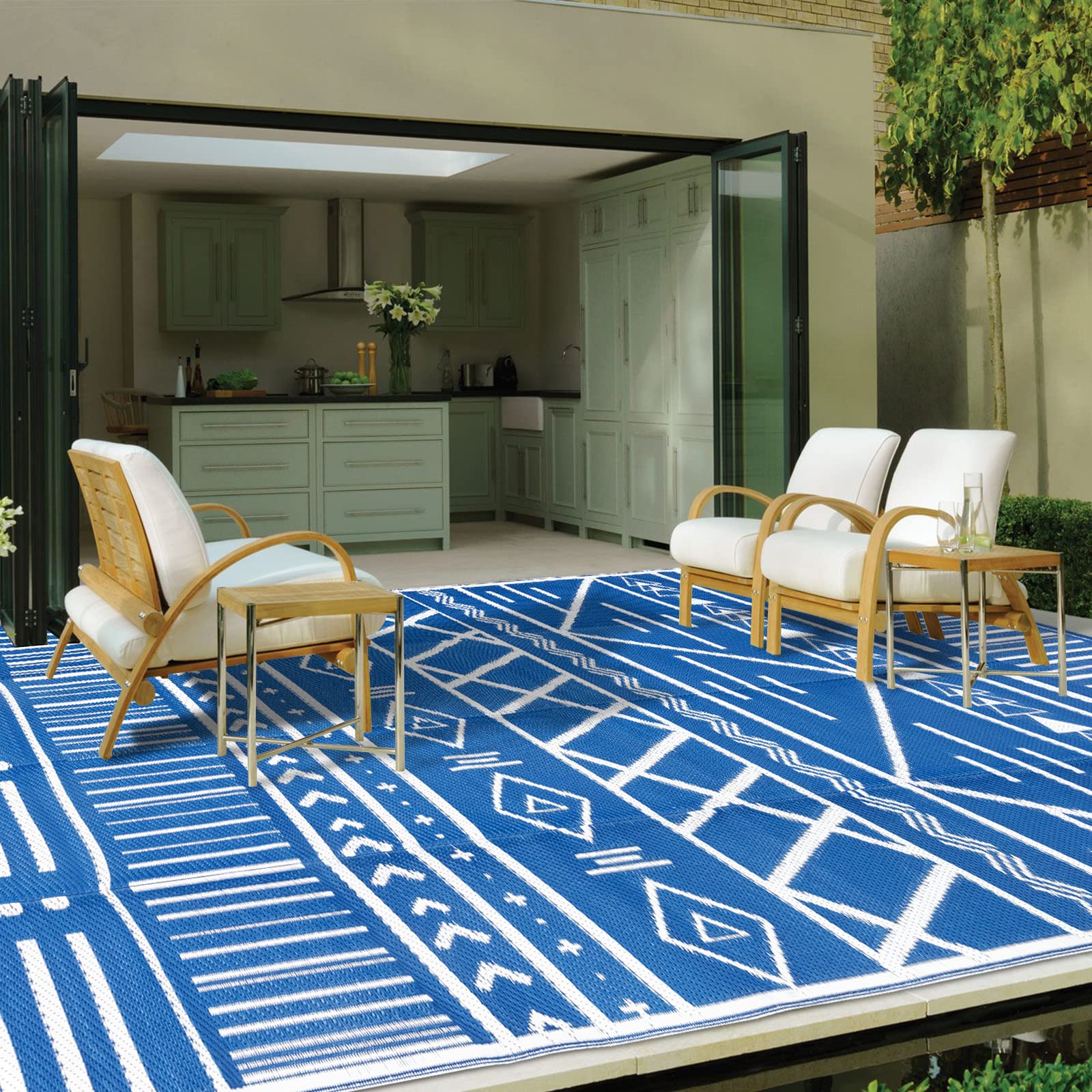 Reversible Outdoor Rugs 9'x18' Waterproof Carpet for Patio RV Camping Mat with 4 Corner Loops Stakes, Plastic Straw Rug Large Floor Mat for Deck Balcony Picnic Indoor Area Rug Outside Decor Clearance