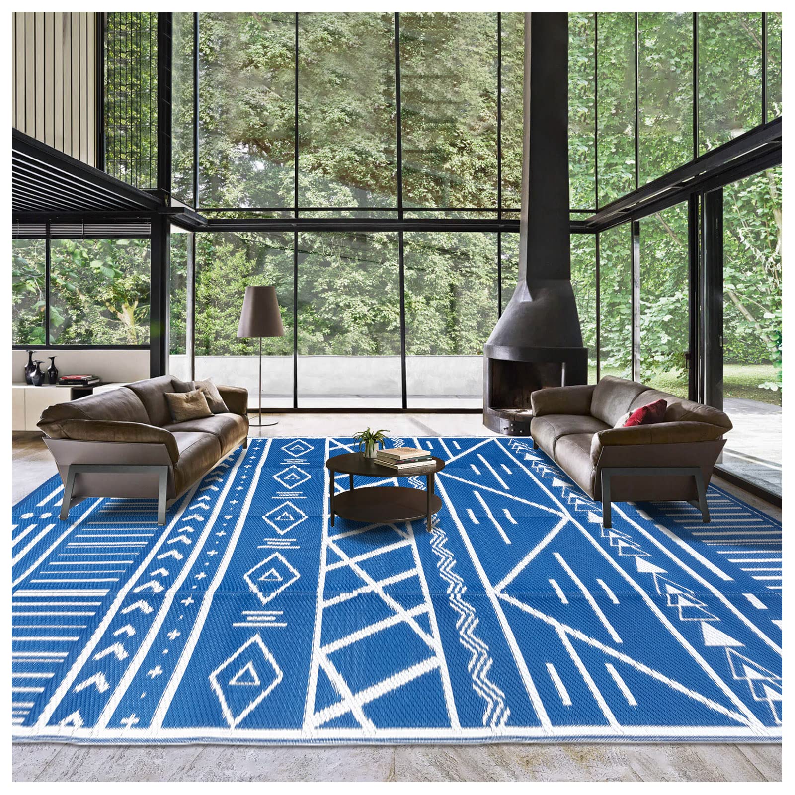 Reversible Outdoor Rugs 9'x18' Waterproof Carpet for Patio RV Camping Mat with 4 Corner Loops Stakes, Plastic Straw Rug Large Floor Mat for Deck Balcony Picnic Indoor Area Rug Outside Decor Clearance