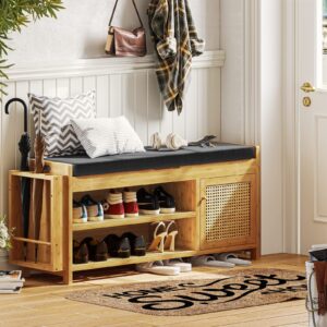 FORABAMB Shoe Bench, Bamboo Wood and Rattan Entryway Storage Bench with Padded Cushion, 11.4"D x 38.4"W x 19.7"H