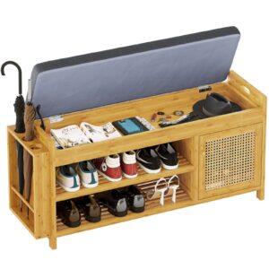 FORABAMB Shoe Bench, Bamboo Wood and Rattan Entryway Storage Bench with Padded Cushion, 11.4"D x 38.4"W x 19.7"H