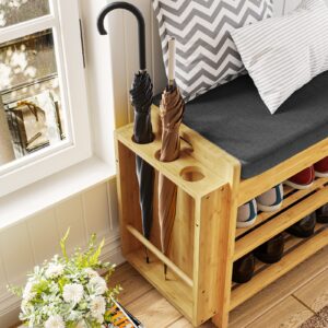 FORABAMB Shoe Bench, Bamboo Wood and Rattan Entryway Storage Bench with Padded Cushion, 11.4"D x 38.4"W x 19.7"H