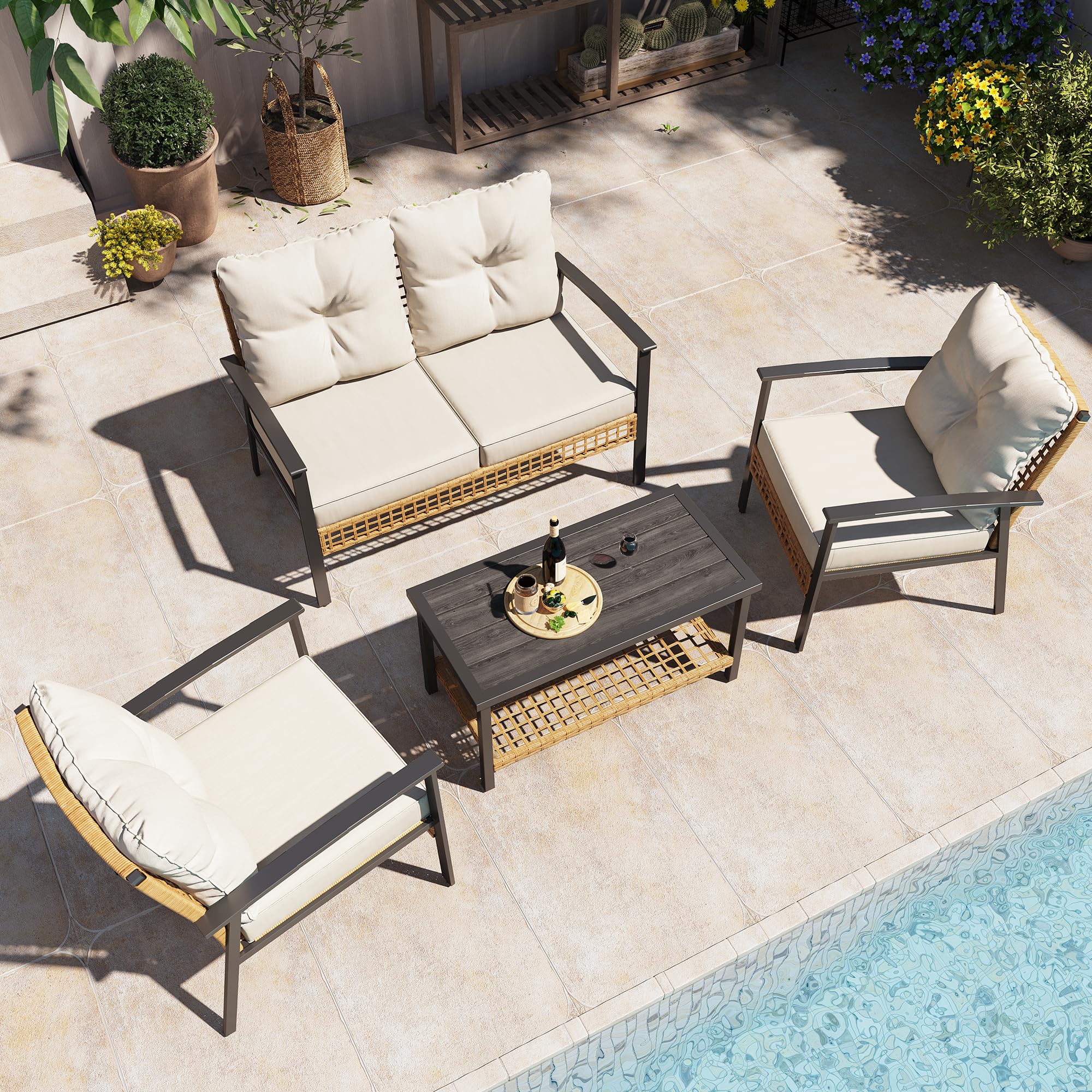 LAUSAINT HOME 4-Piece Patio Conversation Set, Comfortable Oversized Outdoor Furniture Set with Soft Cushion and Storage Metal Coffee Table for Backyard, Porch, Garden and Poolside, Beige