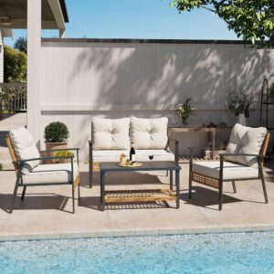 LAUSAINT HOME 4-Piece Patio Conversation Set, Comfortable Oversized Outdoor Furniture Set with Soft Cushion and Storage Metal Coffee Table for Backyard, Porch, Garden and Poolside, Beige